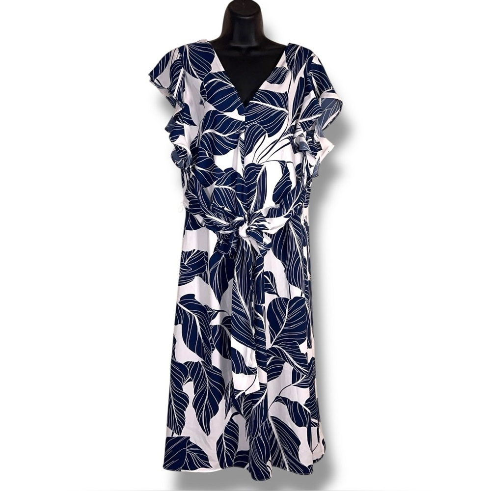 Size 16 Liz Claiborne Blue White Tropical Print Dress Short Sleeve Tie Accent